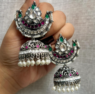 German silver earrings with colorful traditional Indian designs