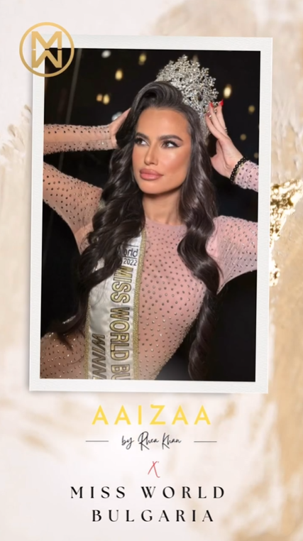 Text reads "Aaizaa by rhea khan x miss world." 