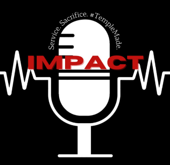 IMPACT logo displays showing a microphone and the words service, sacrifice, and Temple Made