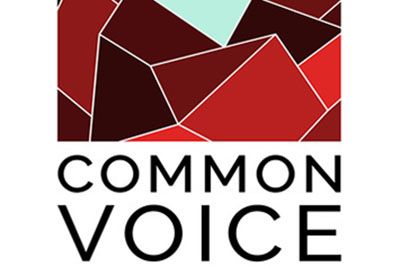 common voice logo displays the common voice wordmark along with a graphic photo mark with shade of red broken into 3 dimensional triangle patterns
