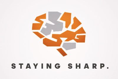 staying sharp logo feature a graphic design of a geomatic cartoon brain in orange and grey