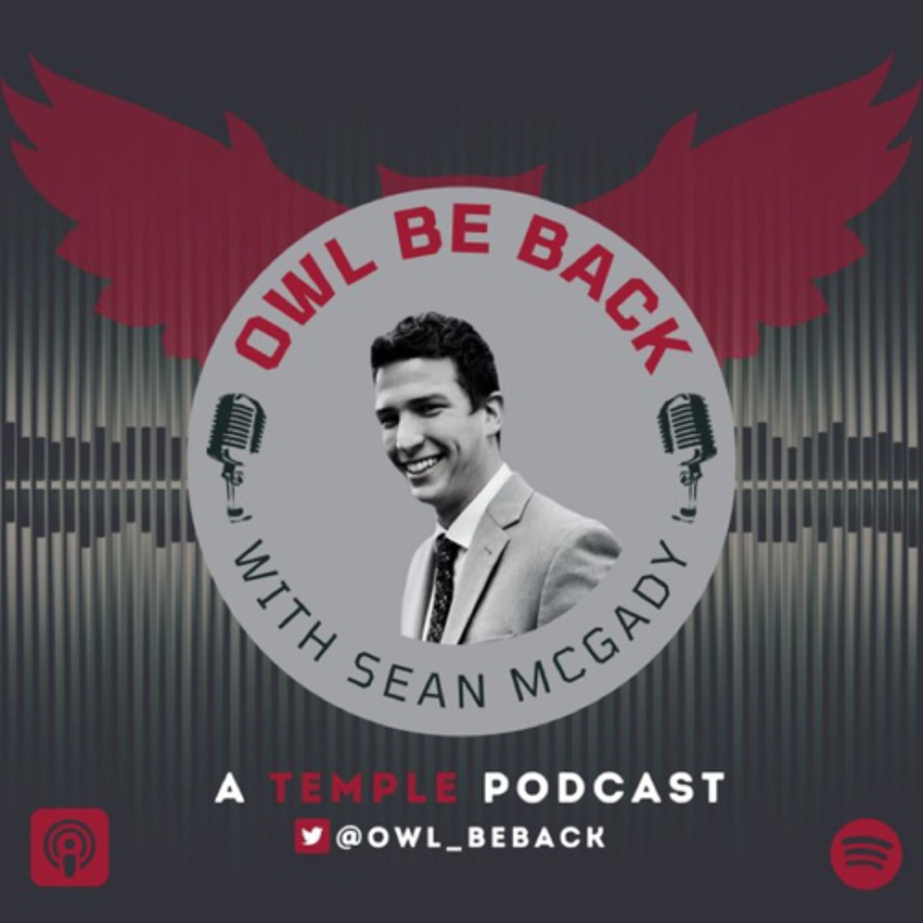 Owl be back podcast logo features a photo of sean mcgrady in a circle atop an owl outline and audio waves