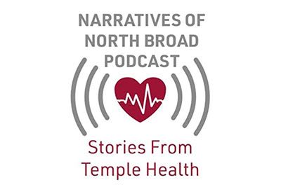 Narratives of north broad podcast logo features an illustrated heart and heartbeart along with audio waves above the text "stories from Temple health."