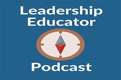 Leadership educator podcast logo features aformentioned text on blue and a compus