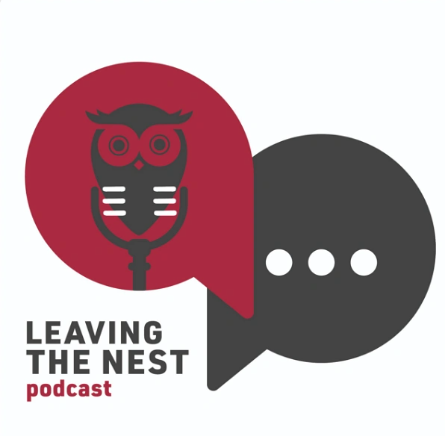 Leaving the nest podcast features two conversation bubble. The left bubble in red has a hybrid of an cartoon owl and micorphone in black and the right bubble in black has 3 ellipsis in white. Text reads leaving the nest podcast. 