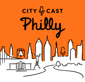 the city cast philly logo features an illustrated Philadelphia skyline against an orange background
